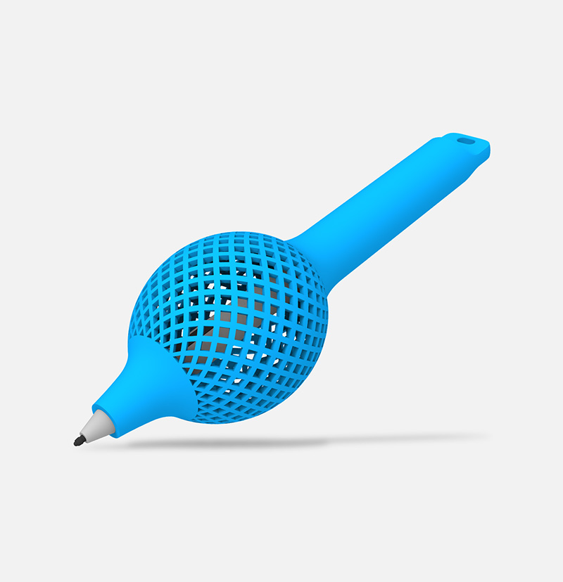 一个灯泡形状 3D 打印握笔器的特写视图。