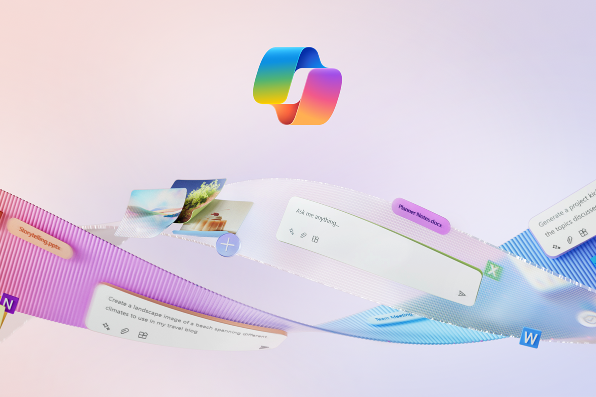 包括 PowerPoint、Word 和 OneNote 在内的各种 Microsoft 365 应用图标围绕在 Copilot 图标周围，暗示了可以使用 AI 辅助功能的各种应用。