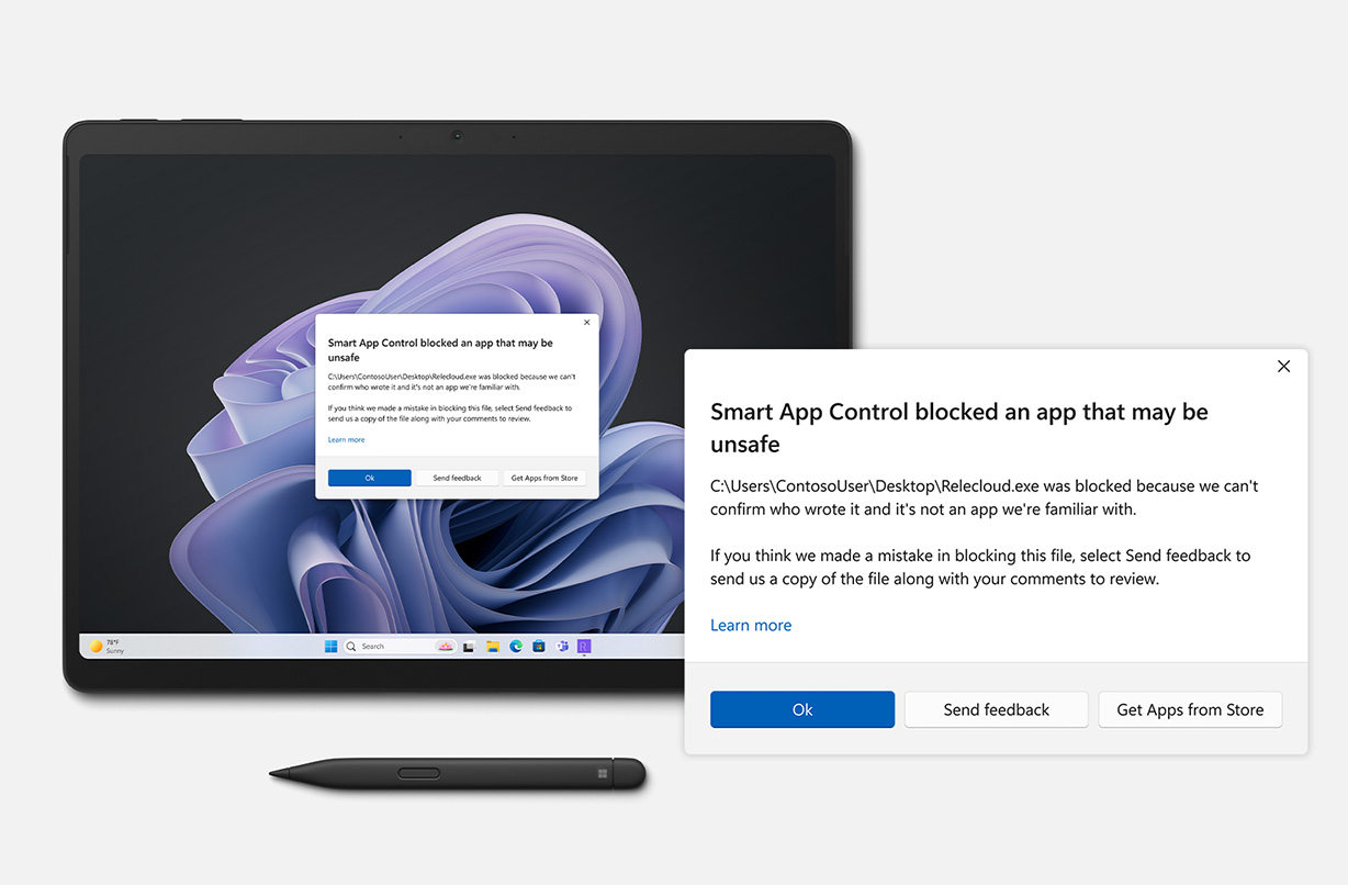 Surface Pro 10 商用版显示智能应用控制正在阻止不安全的应用。