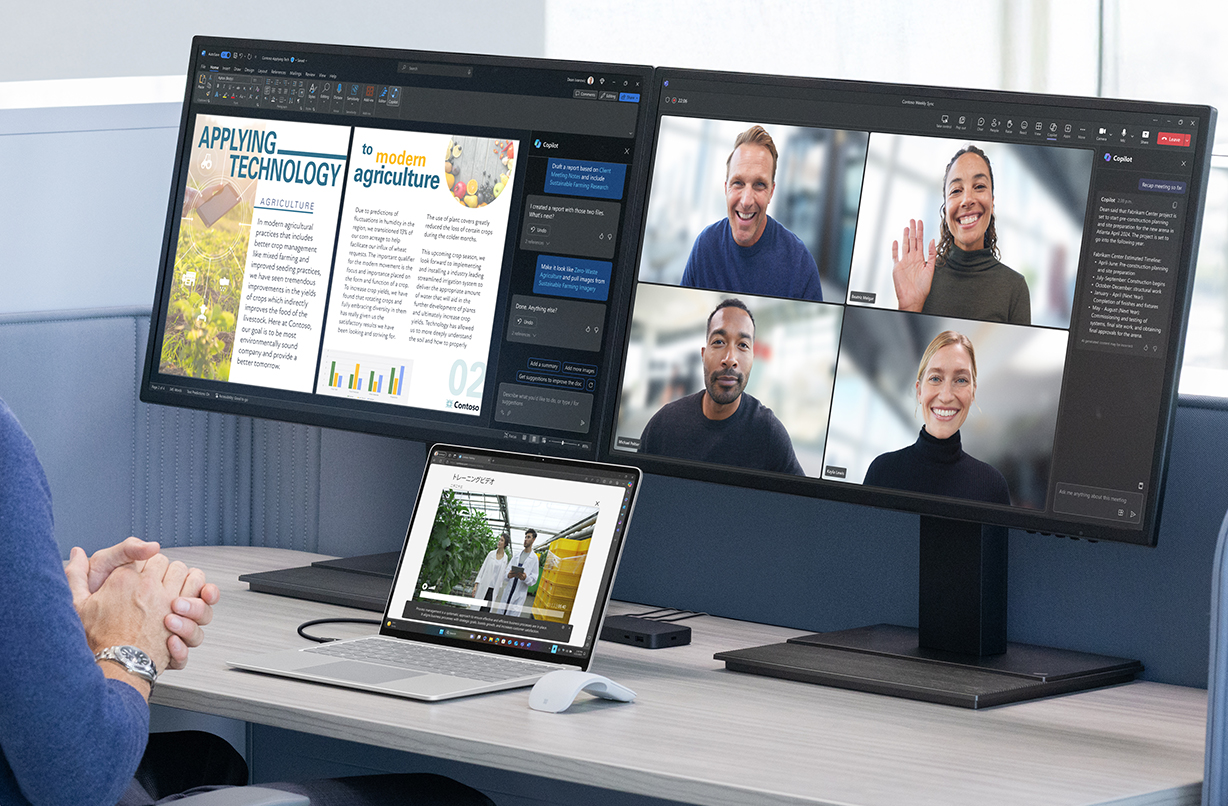 一个人在参加视频通话，同时通过 Surface USB4 扩展坞将两台显示器连接到 Surface Laptop。每个屏幕都显示不同的图像。