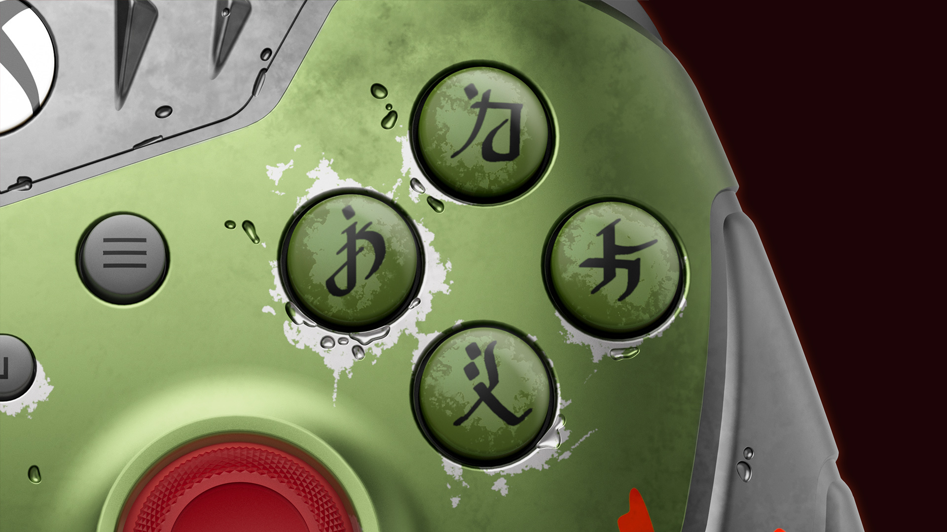 Xbox 无线控制器的特写 -《毁灭战士：黑暗时代》限量版使用 Sentinel 字母的 ABXY 按钮