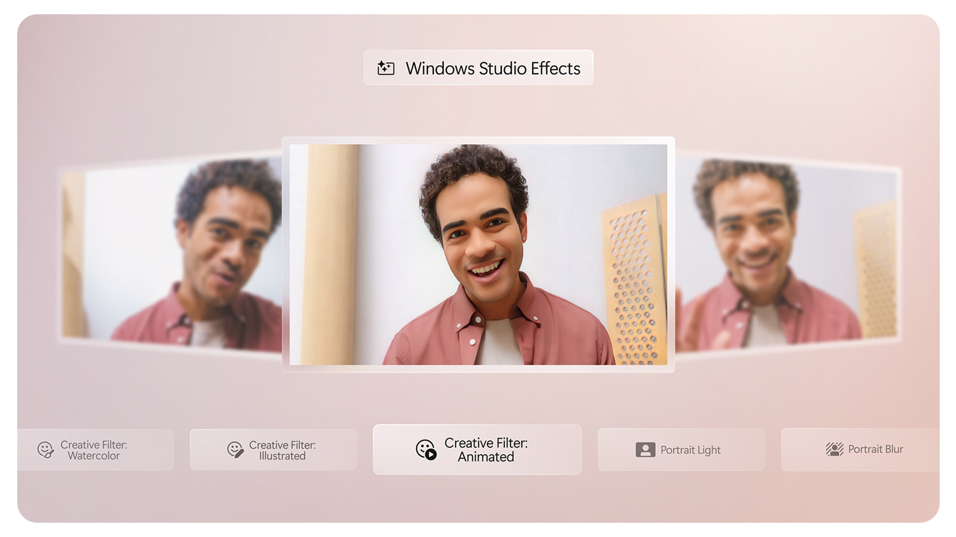 一个人在使用 Windows 工作室效果中的创意滤镜来提升其在视频通话中的形象。