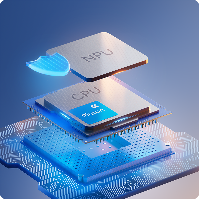 NPU、CPU 与母板的抽象特写画面，凸显设备的安全能力从硬件底层内置。